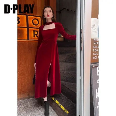 DPLAY秋法式复古方领名媛风酒红色丝绒开衩连衣裙轻礼服图片