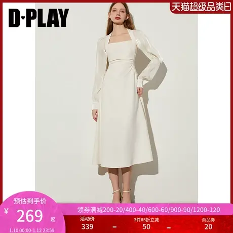 DPLAY春法式风美背方领拼接鎏光纱泡泡腰部圆弧分割抽褶连衣裙图片