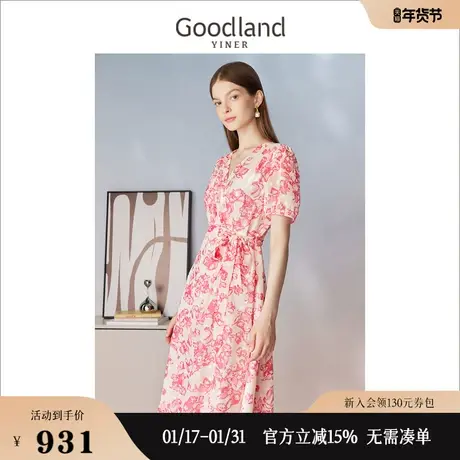 Goodland美地女装夏优雅印花V领收腰显瘦公主袖连衣裙图片
