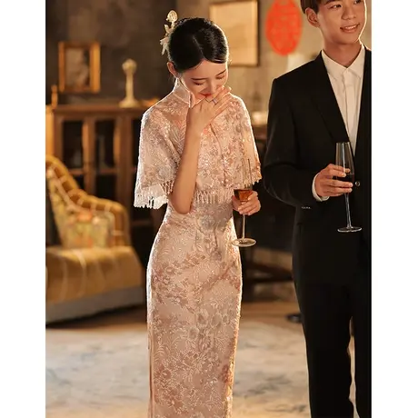披肩旗袍敬酒服新娘高级感气质小个子冬季中式改良订婚礼服连衣裙图片
