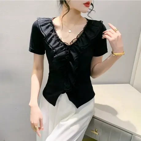 欧货性感拼接V领T恤女短袖洋气百搭网纱小衫时尚木耳边开叉上衣潮图片