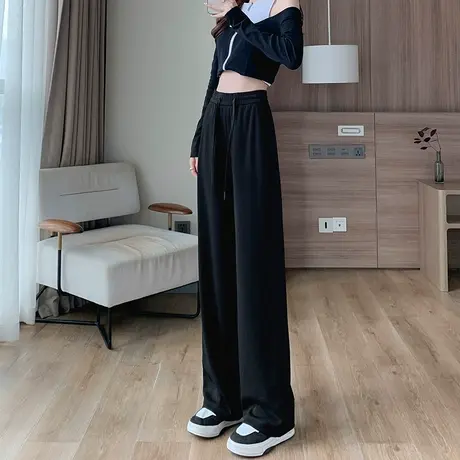 黑色窄版阔腿裤女2023秋冬新款高腰垂感慵懒宽松休闲直筒针织裤子商品大图