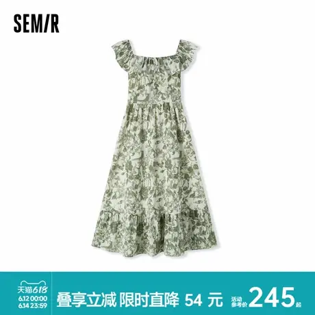 [商场同款]森马连衣裙女小飞袖荷叶边度假风2024新款夏满印中长裙图片