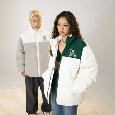 潮牌拼接立领棉服女冬季加厚外套2023新款情侣复古宽松面包服棉衣图片