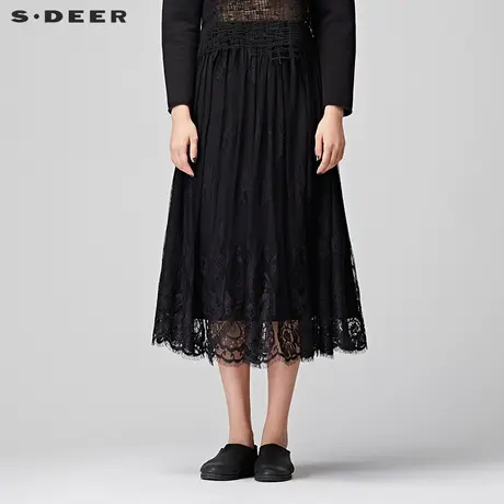 sdeer圣迪奥半身裙秋冬女优雅唯美网纱a字纯色蕾丝长裙S17481122图片