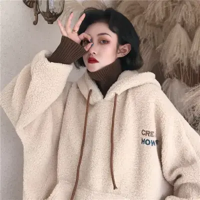 羊羔绒卫衣女2024新款秋冬季加绒加厚连帽宽松韩版假两件毛绒外套图片