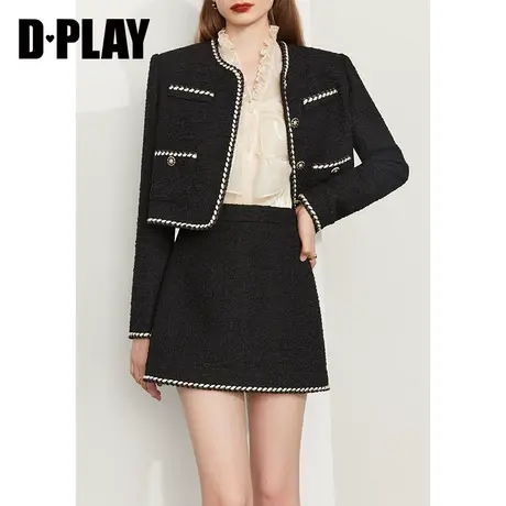 DPLAY秋装新名媛小香风黑白撞色高腰A摆复古粗花呢短款半身裙图片