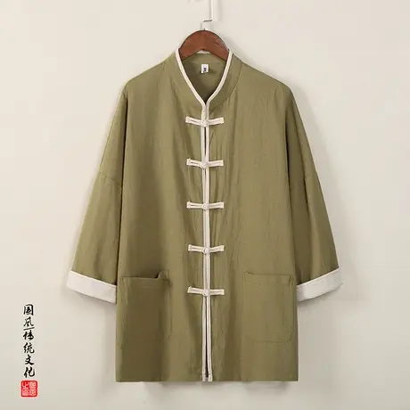 新中式改良唐装衬衫男夏季中国风棉麻七分袖衬衣复古盘扣男装上衣图片