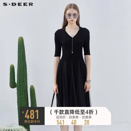 sdeer圣迪奥女装优雅翻领网纱短袖针织连衣裙S232Z12BP图片