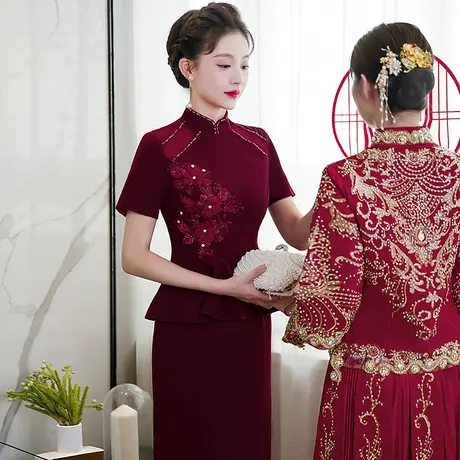 喜婆婆婚宴装晚礼服年轻妈妈婚礼结婚喜服旗袍秋装小个子气质优雅图片
