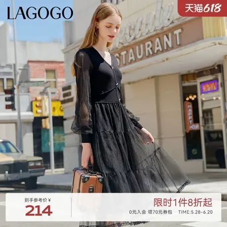 LAGOGO黑色V领拼接网纱连衣裙女拉谷谷气质收腰仙气优雅舒适裙子图片