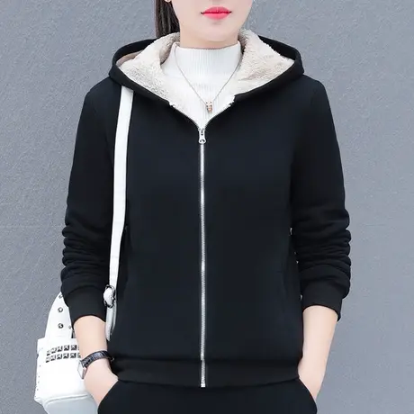 恋上17号加绒加厚开衫卫衣外套2023秋冬新款时尚大码女装连帽上衣图片
