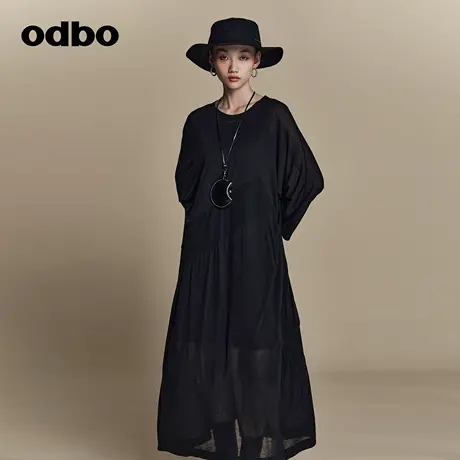 odbo/欧迪比欧原创设计休闲黑色连衣裙女夏季2023新款两件套裙子图片