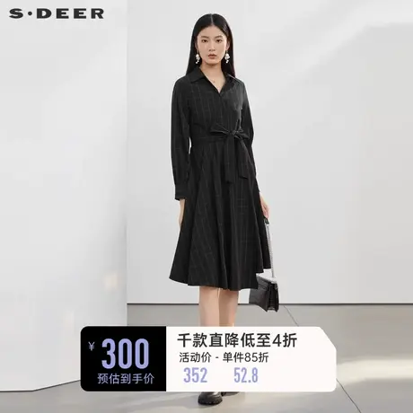 sdeer圣迪奥春秋装女装V领斜襟收腰撞色格纹衬衫连衣裙S22161212图片