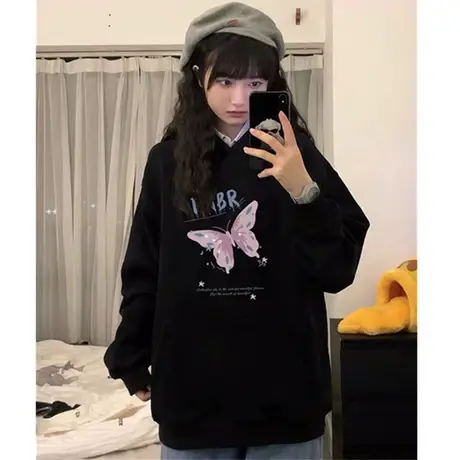 美式复古oversize潮牌卫衣女春秋薄款宽松设计感小众上衣连帽外套图片