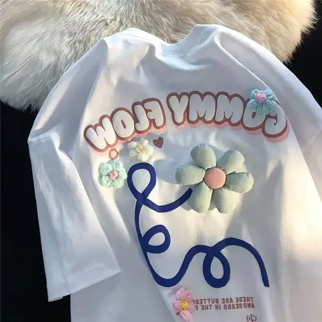 可爱奶油蓝立体花朵短袖t恤女2022新款夏季设计感别致情侣装上衣图片