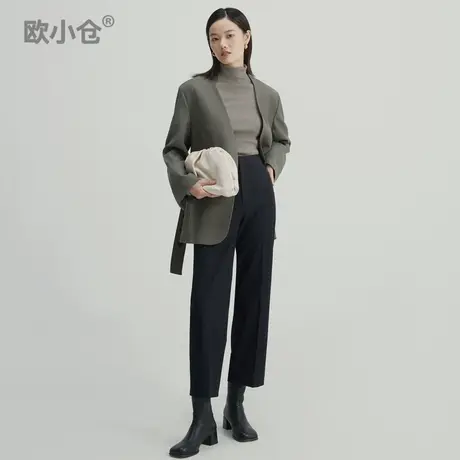 欧小仓隐拉口袋裤子女宽松直筒九分裤抓绒职业烟管高腰质感西装裤图片