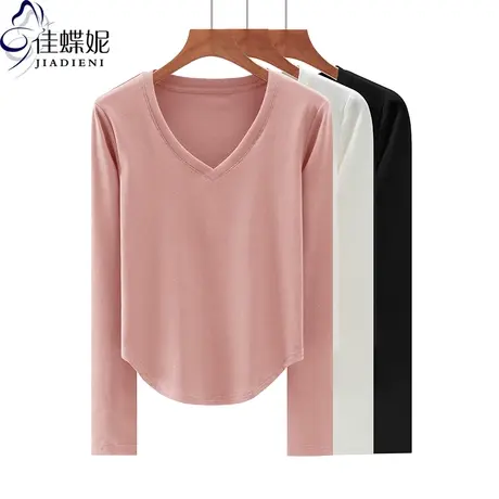 早春新款韩版V领修身下摆圆弧纯棉纯色简约长袖上衣内搭女打底衫图片