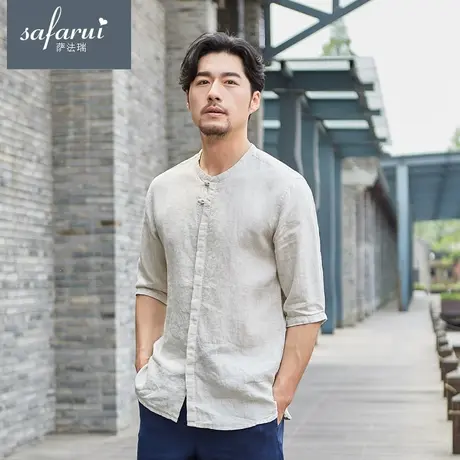 夏季亚麻七分袖休闲衬衫男立领宽松中袖上衣复古棉麻薄款男士衬衣图片