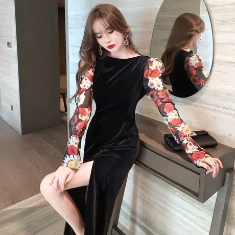 一字肩晚礼服女2024新款名媛气质敬酒服长款高开叉性感丝绒连衣裙图片