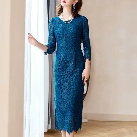 蓝色过膝连衣裙女秋款2023新款气质端庄修身显瘦中长款蕾丝直筒裙图片