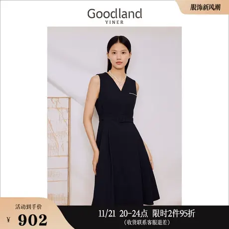 Goodland美地女装2023秋季法式通勤无袖钉钻顺手腰带连衣裙图片