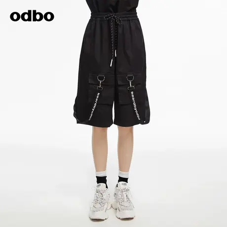 odbo/欧迪比欧街潮织带工装五分裤女夏季2024新款纯棉抽绳五分裤图片