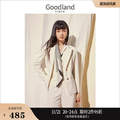 Goodland美地女装2023春季通勤修身气质平驳领西装短外套图片