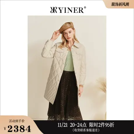 YINER音儿女装冬季菱格纹中长款保暖白鹅绒羽绒服图片