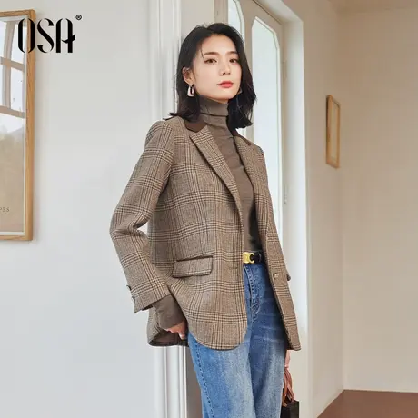 OSA欧莎复古格子毛呢西装外套女秋冬季2023年新款休闲宽松小西服图片