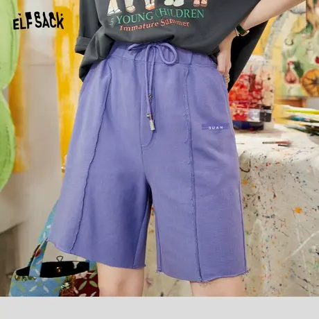 【新款】妖精的口袋紫色抽绳运动短裤女2022夏宽松薄款休闲五分裤图片