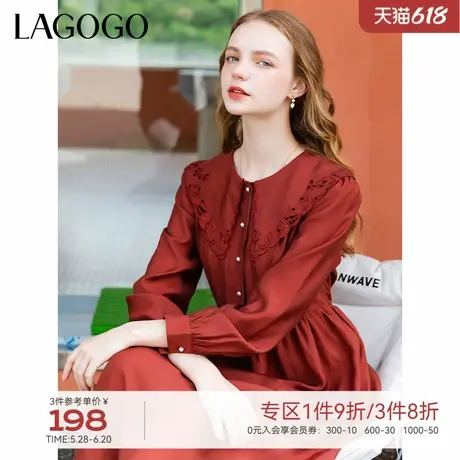LAGOGO酒红色复古风连衣裙女拉谷谷秋冬新款娃娃领系带长袖裙子图片