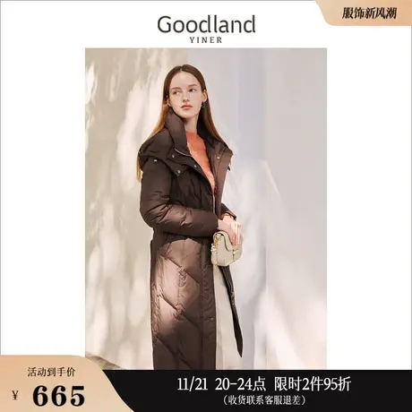 Goodland美地女装冬季连帽设计感中长款鸭绒立领廓形羽绒服图片
