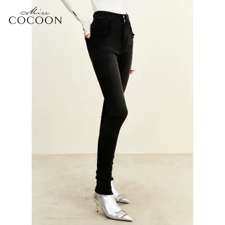 MISSCOCOON气质V型腰头2023冬装新款女小脚侧边盘扣九分牛仔裤女图片
