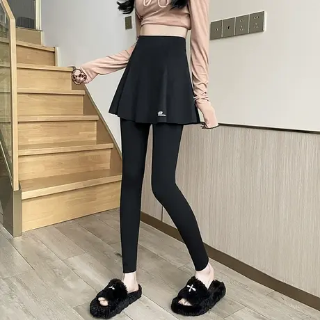 黑色假两件打底裤女外穿春秋薄款高腰紧身瑜伽裤防走光裤裙一体裤图片