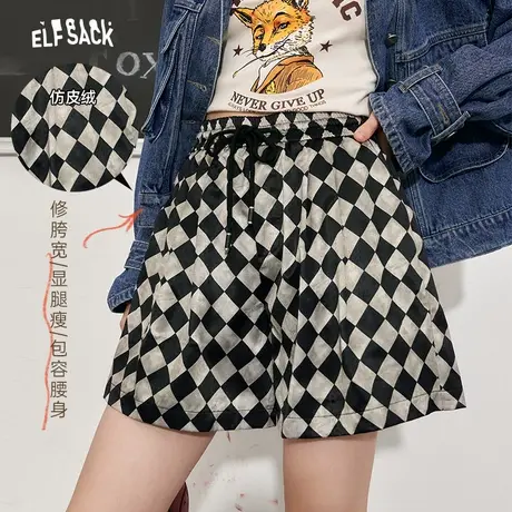 妖精的口袋棋盘格宽松阔腿短裤女2024春秋新款高腰显瘦美式休闲裤图片