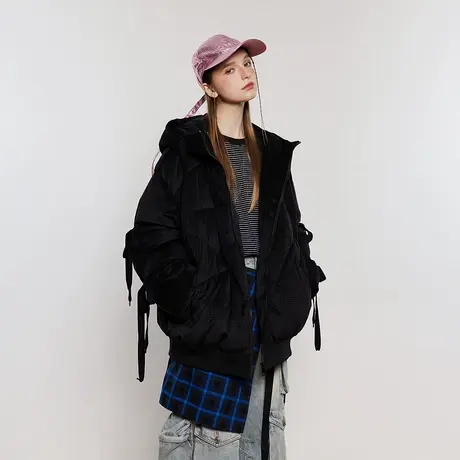 设计感纯色连帽棉服女冬季加厚外套2023新款复古宽松潮牌棉衣棉袄图片
