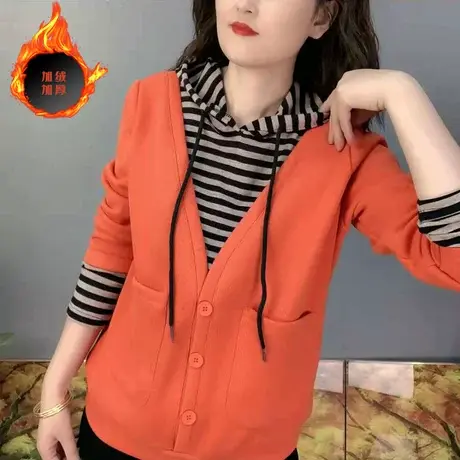 假两件连帽卫衣女2023春秋冬装新款条纹洋气减龄中年加绒加厚上衣图片