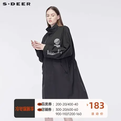 sdeer圣迪奥女装高领字母贴布织带装饰抽绳收腰长款风衣S19181802图片