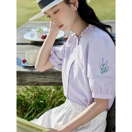 茵曼文艺清新衬衣2023夏季女装新款纯棉花边圆领泡泡袖绣花衬衫图片