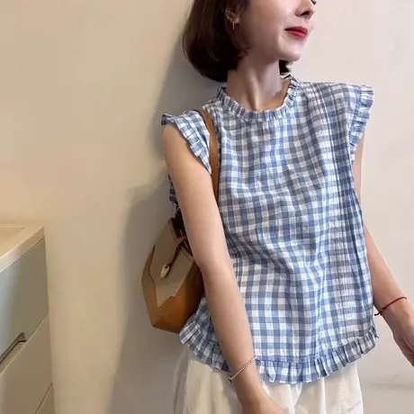欧洲站2025夏季时尚木耳边格子无袖衬衫女韩系小清新减龄百搭上衣商品大图