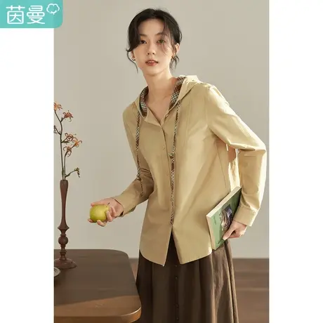 【商场同款】茵曼秋女装新款田园单排扣格子拼接休闲连帽衬衫图片
