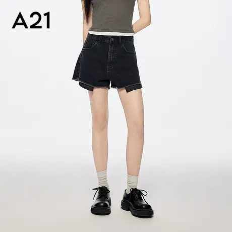 A21女装黑色水洗做旧毛边牛仔裤简约休息宽松阔腿短裤休闲显瘦图片