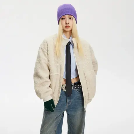 美式街头风羊羔毛棉服女冬季夹棉棒球服外套2023新款复古宽松棉衣图片