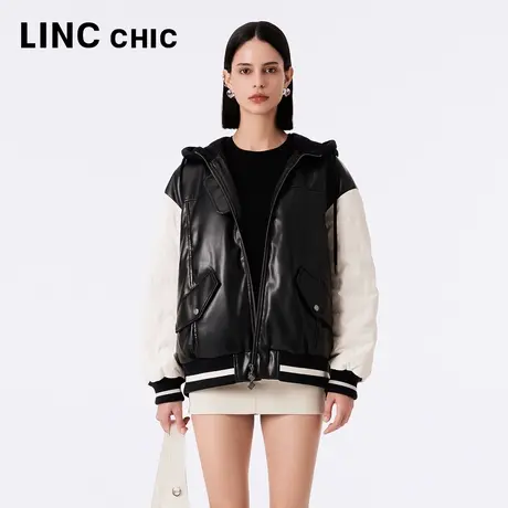 LINCCHIC金羽杰羽绒服女2023秋冬新款潮酷皮质拼接夹克Y23802019图片