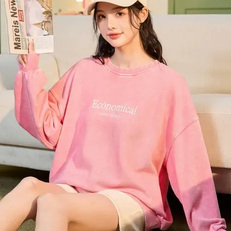 唐狮春季新款女卫衣圆领宽松设计感简约韩系慵懒风套头上衣图片