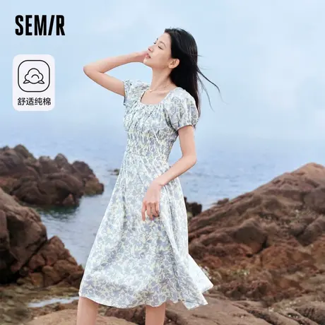 森马连衣裙女温柔气质白月光2024新款夏季法式方领收腰中长裙清新图片