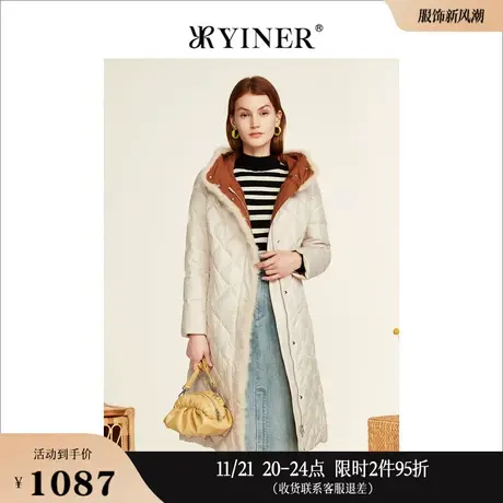 YINER音儿线上专选女装冬季中长款水貂毛边连帽衍缝白鸭绒羽绒服图片