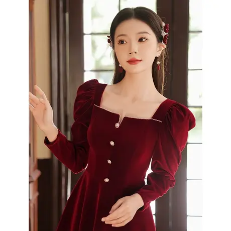 长袖敬酒服新娘冬季小个子订婚礼服连衣裙结婚回门便装方领中长款图片