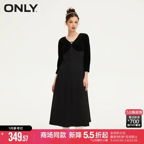 ONLY夏季气质百搭丝绒拼接泡泡袖A字连衣裙女|124107009图片